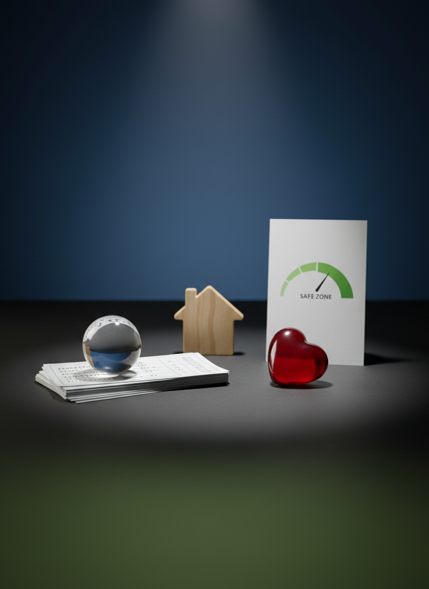 A photographic still life of symbolic elements representing responsible public lotteries in Aragua. On a matte dark surface lie a transparent lottery ball, a stack of clean, generic tickets with non-readable markings, a small house icon, and a heart-shaped token, evoking social aid and community support funded by legal betting. Nearby, a minimalist gauge graphic on a card points toward a safe zone, subtly suggesting the avoidance of risky gambling behavior. A single soft spotlight from above creates dramatic but gentle highlights and shadows, while the background fades into a smooth gradient of deep blue and green. Shot from a slightly elevated angle with shallow depth of field, the mood is thoughtful, trustworthy, and educational.