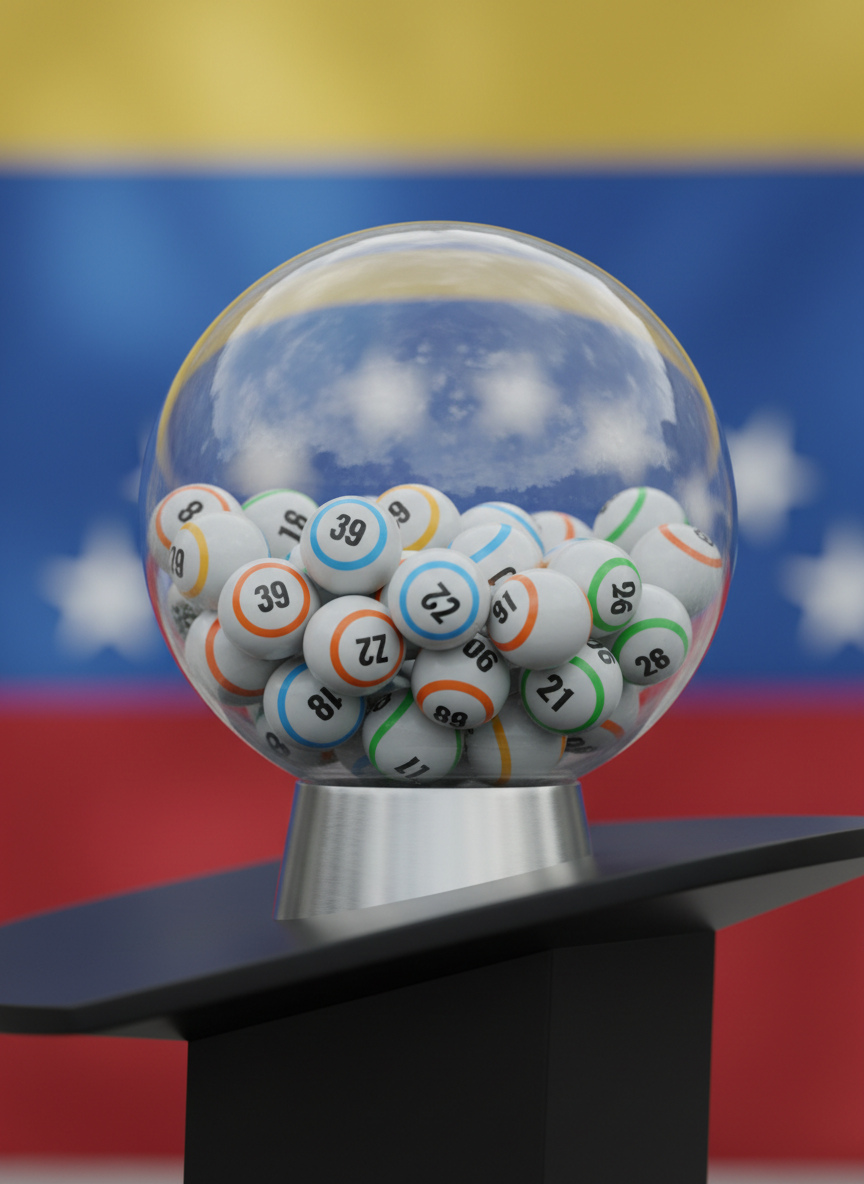 A close-up, photographic view of a transparent lottery sphere made of crystal-clear acrylic, filled with pristine white numbered balls accented with subtle color bands. The sphere is mounted on a brushed metal base on a sleek, dark podium, suggesting an official draw setup. Behind it, a softly blurred backdrop in the colors of the Aragua region hints at a government setting without text or logos. Cool, even studio lighting casts clean highlights on the sphere and smooth shadows on the backdrop. The composition uses a centered, slightly low-angle perspective to convey reliability, legality, and institutional authority in public raffles and draws.