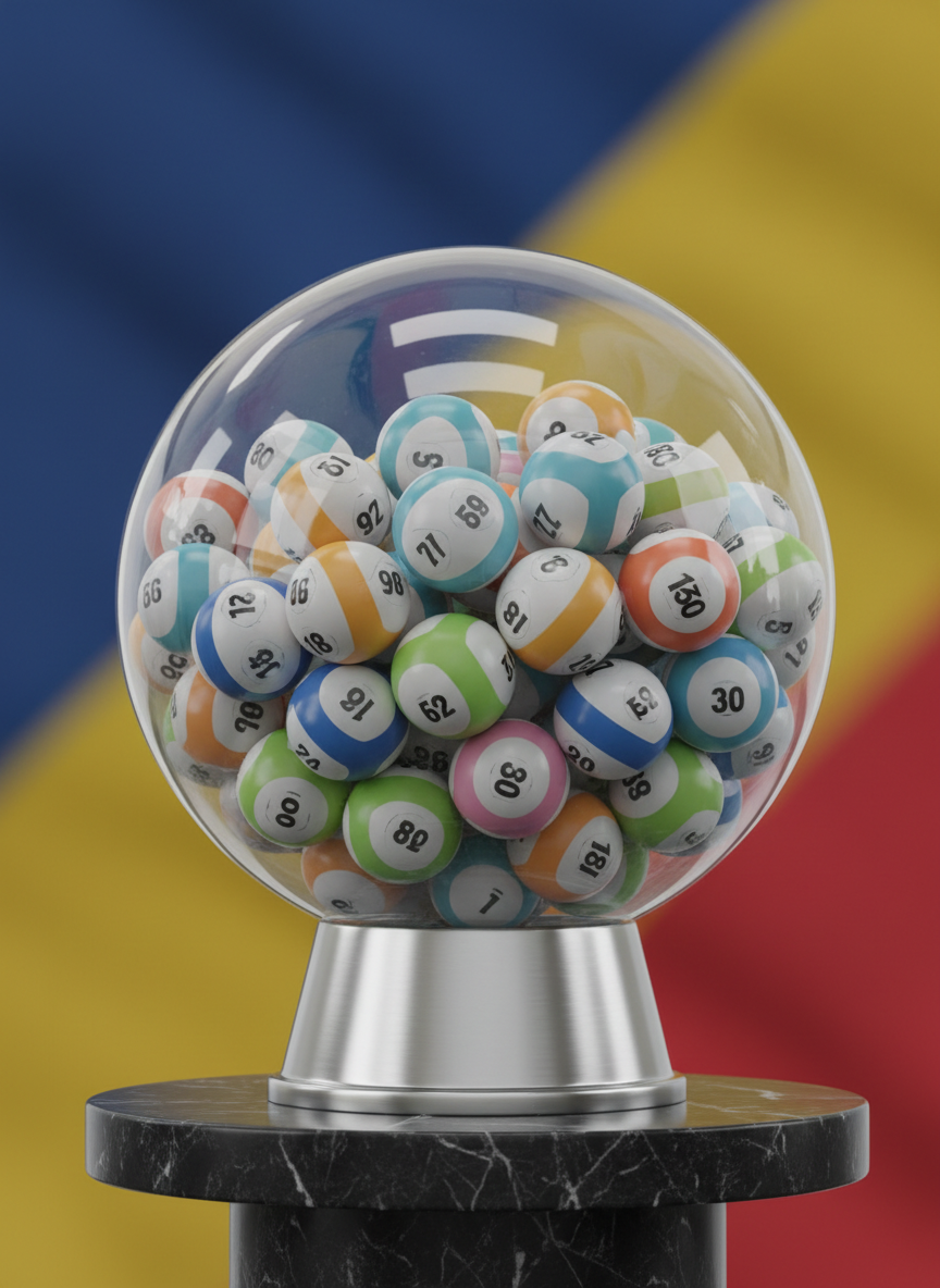 A close-up, photographic view of a transparent lottery sphere made of crystal-clear acrylic, filled with pristine white numbered balls accented with subtle color bands. The sphere is mounted on a brushed metal base on a sleek, dark podium, suggesting an official draw setup. Behind it, a softly blurred backdrop in the colors of the Aragua region hints at a government setting without text or logos. Cool, even studio lighting casts clean highlights on the sphere and smooth shadows on the backdrop. The composition uses a centered, slightly low-angle perspective to convey reliability, legality, and institutional authority in public raffles and draws.