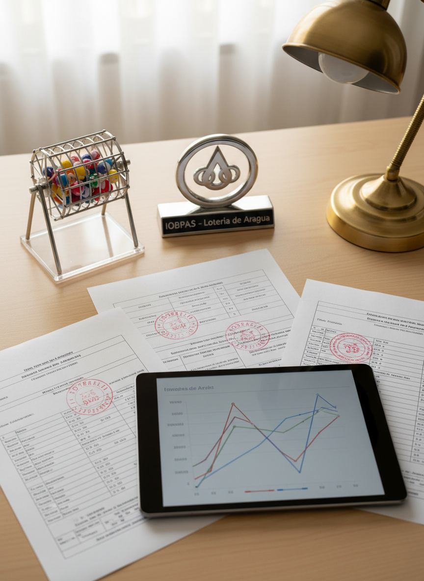 An overhead photographic shot of a neatly organized desk in a public lottery regulatory office. On the desk, there are printed documents with visible tables and charts, symbolic stamps indicating approval, and a tablet showing abstract graphical representations of lottery results and permits without legible numbers or text. A small decorative model of a transparent raffle drum and a discreet emblem-shaped paperweight suggest the IOBPAS – Lotería de Aragua identity. Soft daylight from a nearby window mixes with warm desk-lamp light, creating a balanced, professional mood. The composition uses the rule of thirds with sharp focus, highlighting the meticulous control, legality, and oversight of lotteries and raffles in the region.
