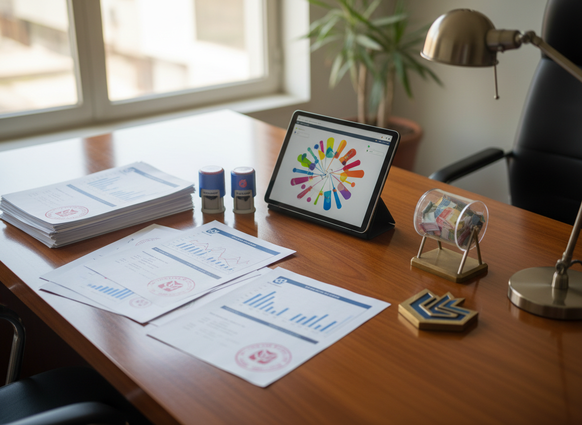 An overhead photographic shot of a neatly organized desk in a public lottery regulatory office. On the desk, there are printed documents with visible tables and charts, symbolic stamps indicating approval, and a tablet showing abstract graphical representations of lottery results and permits without legible numbers or text. A small decorative model of a transparent raffle drum and a discreet emblem-shaped paperweight suggest the IOBPAS – Lotería de Aragua identity. Soft daylight from a nearby window mixes with warm desk-lamp light, creating a balanced, professional mood. The composition uses the rule of thirds with sharp focus, highlighting the meticulous control, legality, and oversight of lotteries and raffles in the region.