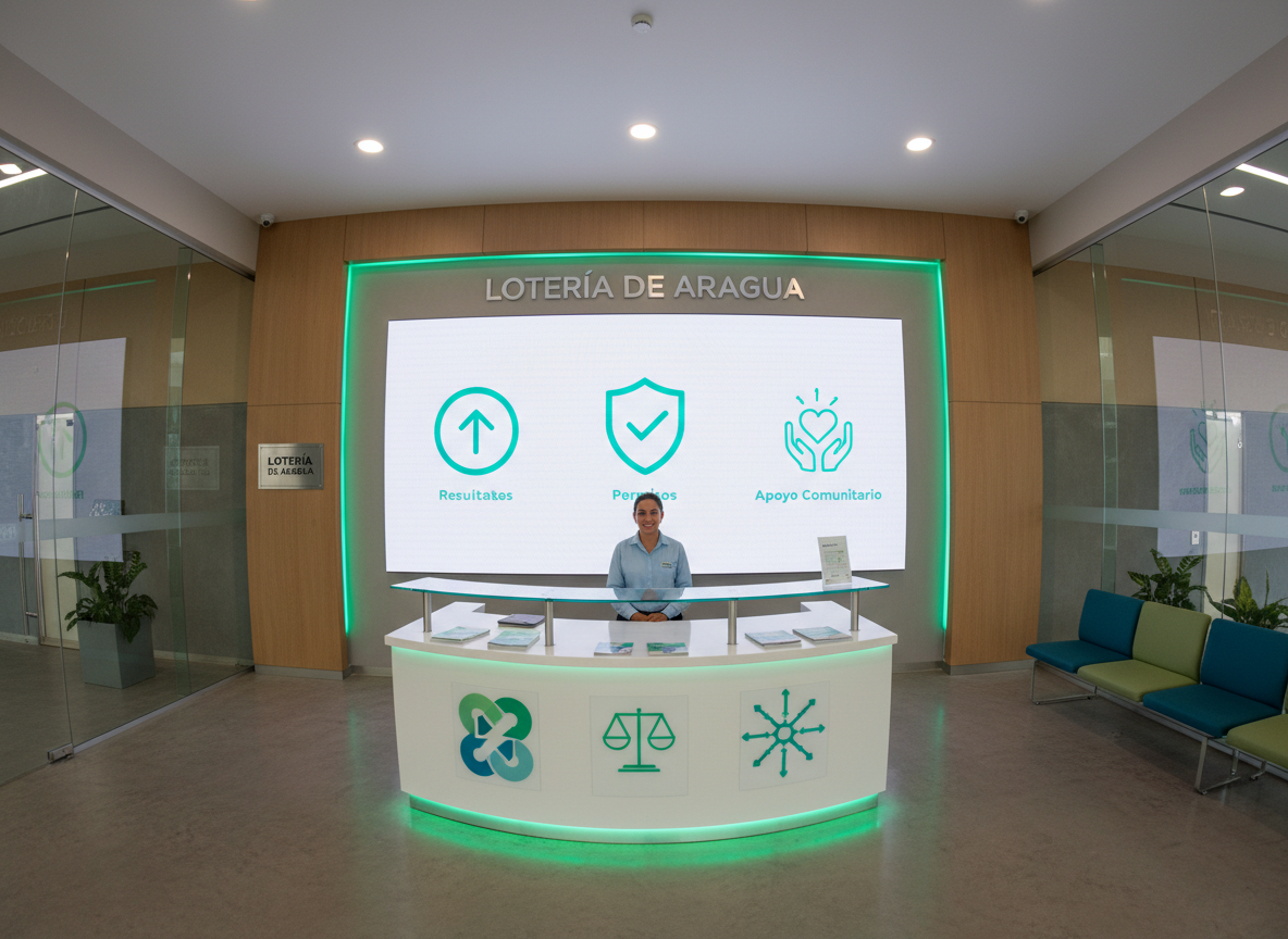 A wide photographic view of a modern, well-lit institutional lobby dedicated to public lottery services. In the center stands a sleek information counter with tidy brochures that show abstract graphics about legal lotteries, social aid programs, and responsible betting, none containing readable text. Behind the counter, a large wall display features minimalist icons representing results, permits, and community support. Neutral tones with accents of green and blue create a sense of trust and calm. Diffused overhead lighting and subtle spotlights illuminate key areas, while a wide-angle, eye-level composition keeps everything in crisp focus, emphasizing accessibility, transparency, and citizen service in the Lotería de Aragua.