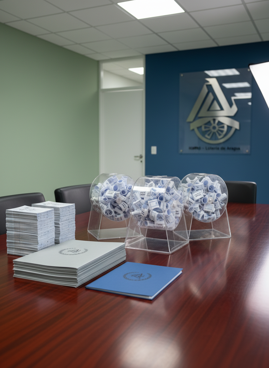 A polished wooden conference table covered with neatly arranged official lottery materials: transparent acrylic raffle drums, stacks of numbered ticket stubs, and orderly folders stamped with subtle institutional seals. In the background, a clean, modern government office environment features muted green and blue tones that evoke trust and legality, with a large abstract emblem suggesting the IOBPAS – Lotería de Aragua identity without readable text. Soft studio lighting from above and the side creates gentle reflections on the acrylic surfaces and a calm, professional atmosphere. Shot at eye level with a slight angle, everything is in sharp photographic focus, emphasizing transparency, order, and the seriousness of public lottery administration in Aragua, Venezuela.